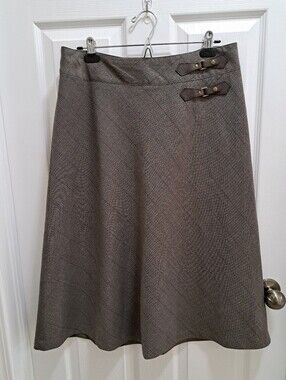 Jessica Size 12 Brown A-Line Skirt Lined Faux Leather Buckle Vintage Plaid